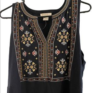 V- Neck Christian Siriano sleeveless blouse navy with yellow/orange detailing